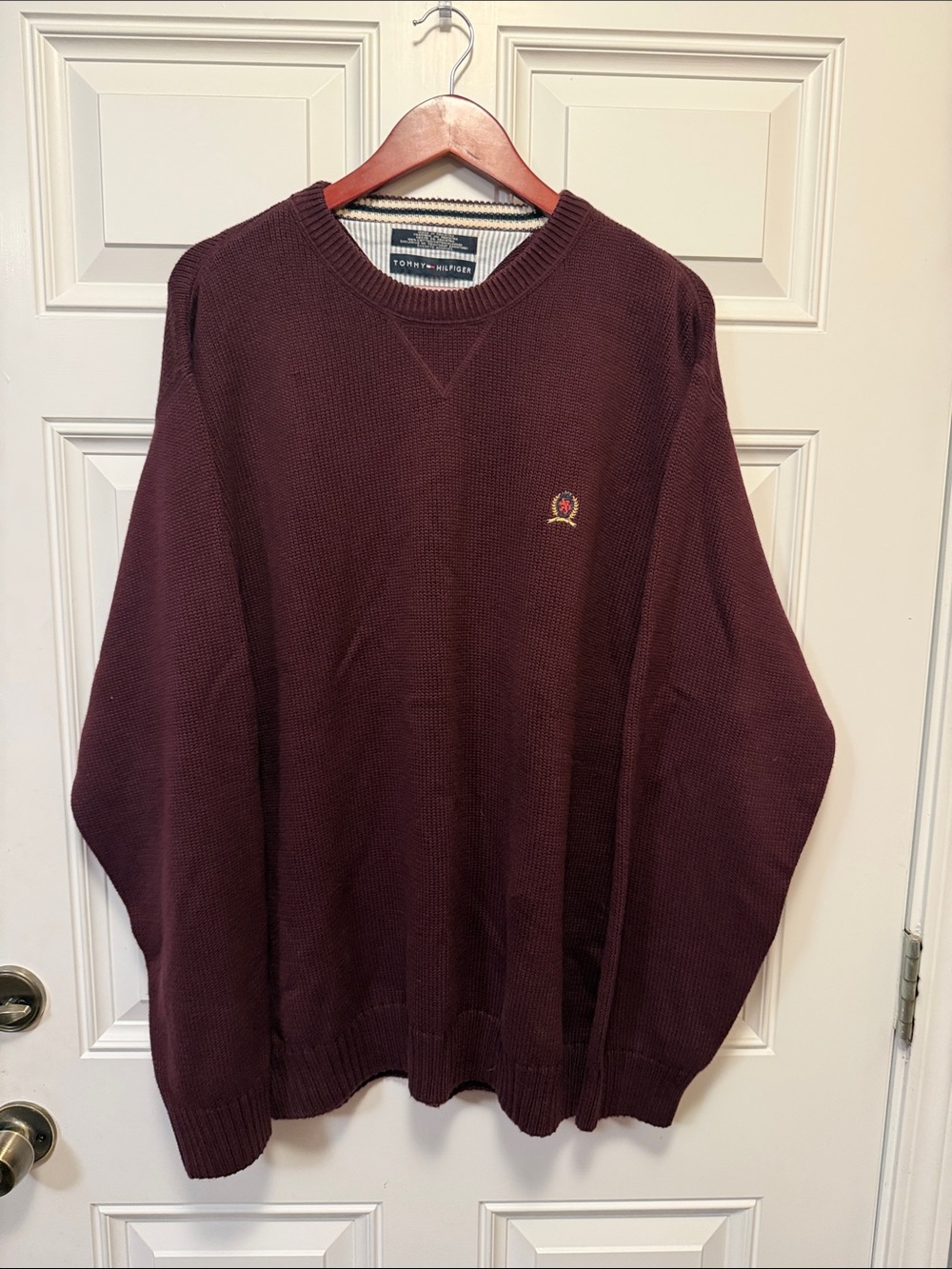 Tommy Hilfiger Men's Crewneck Sweater - Maroon with Embroidered Crest